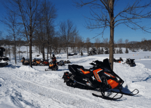 snowmobile parking, next to restaurant at Byrncliff Golf Resort, Western New York