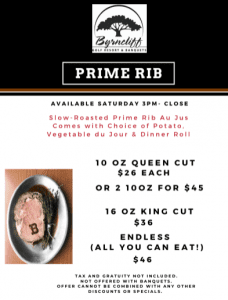 Restaurant Special Prime Rib Byrncliff Resort