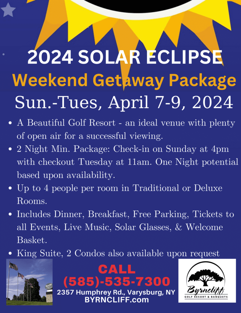 2024 Buffalo NY Solar Eclipse Weekend getaway package, Byrncliff Golf Resort & Banquets