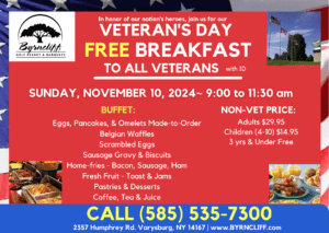 Veteran's Day 2024 Free Breakfast at Byrncliff Golf Resort & Banquets