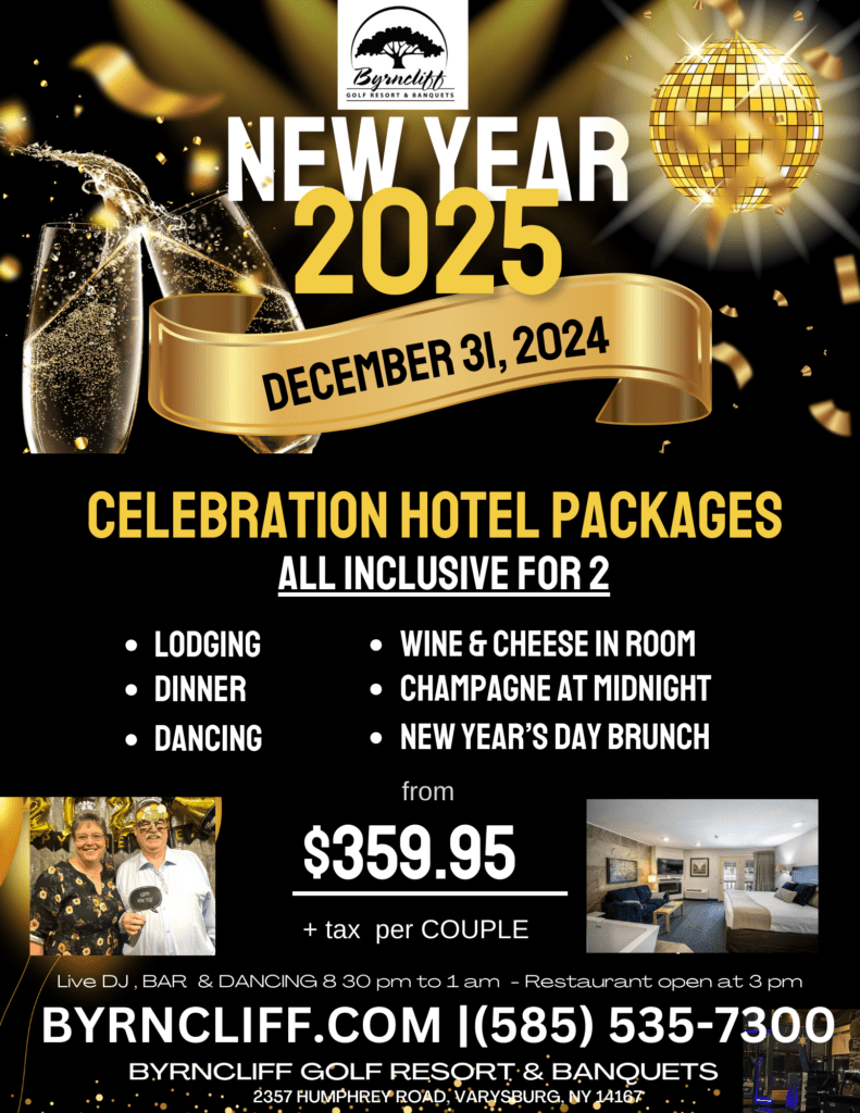 Hotel for new year's eve 2024 Byrncliff golf Resort & Banquets, Varysburg NY