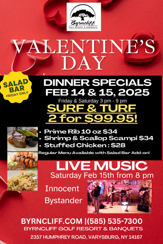 valentine's day 2025, Byrncliff Golf Resort Dinner Specials