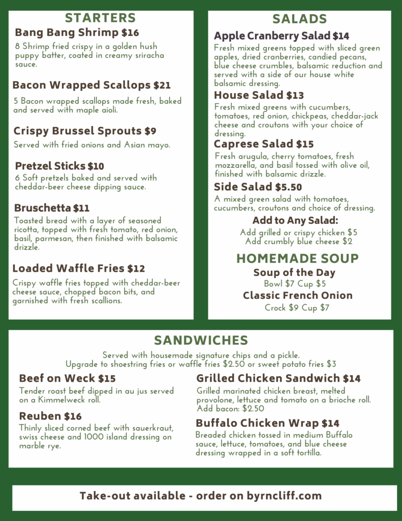 Byrncliff Restaurant Menu Summer 2025