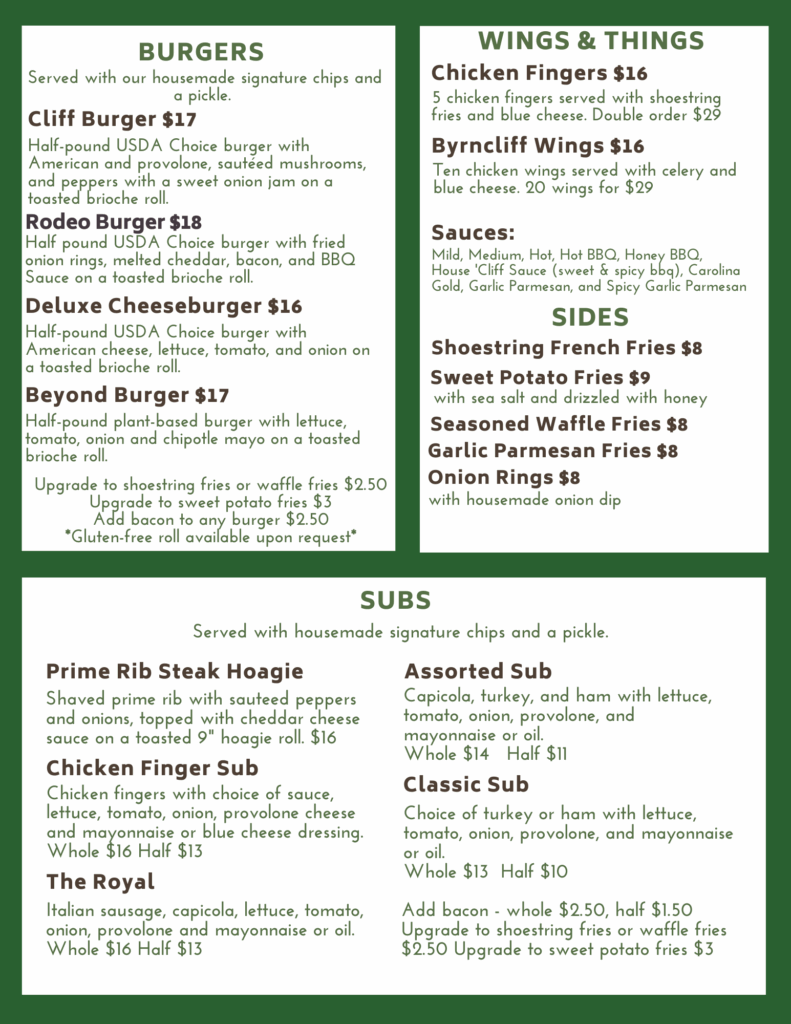 Byrncliff Restaurant Menu Summer 2025 page 2