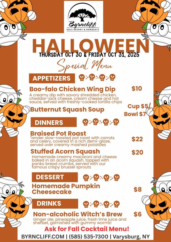 2025 Halloween Restaurant Menu, Byrncliff Golf Resort, Wyoming County NY