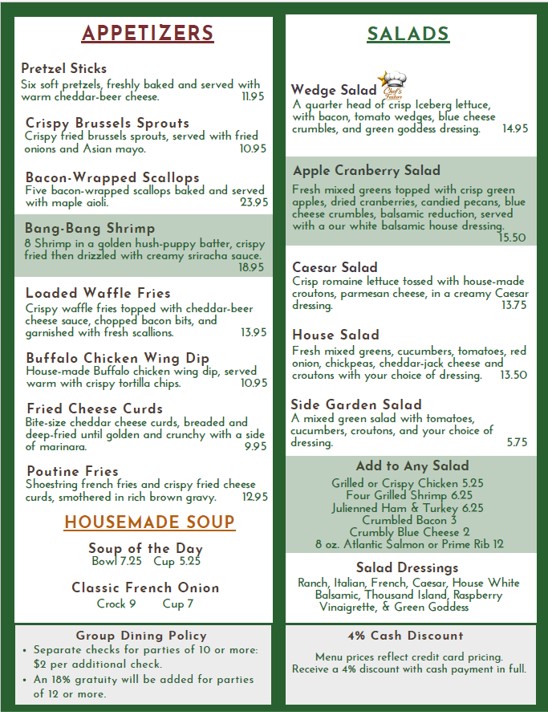 appetizers & salads, Byrncliff Restaurant Menu 2026