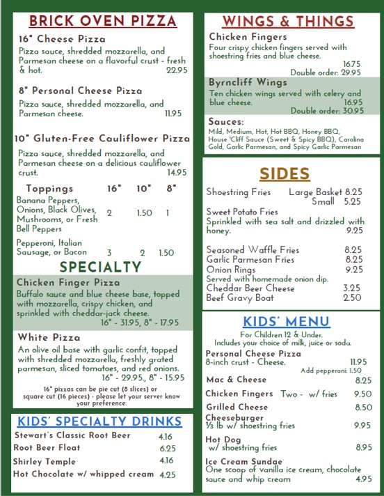Brick oven Pizza, Chicken Wings Restaurant Menu, Byrncliff Restaurant 2026