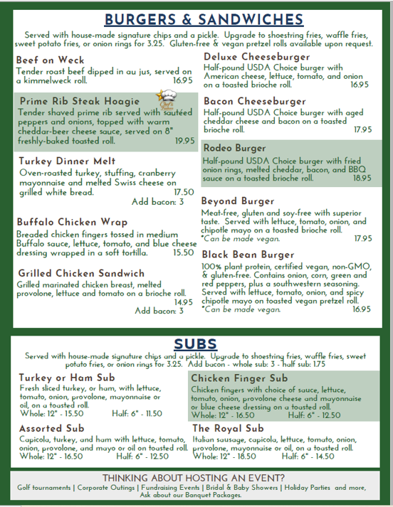 Burgers, Sandwiches & Subs, Byurncliff Restaurant Menu 2026