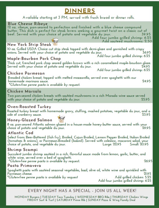 Dinner Menu, Byrncliff Golf Resort Restaurant 2026