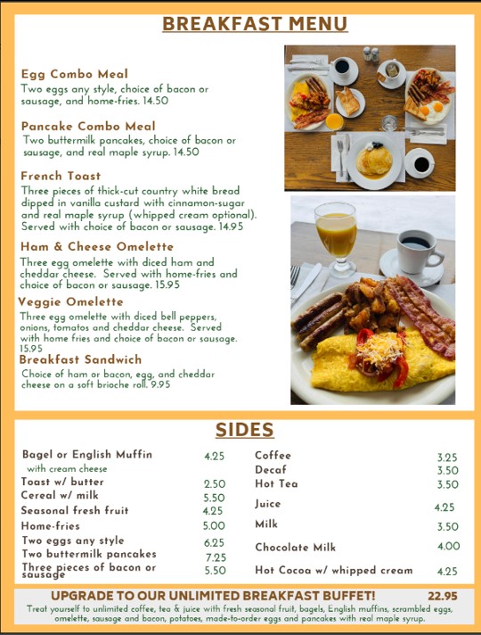 Breakfast Menu, Byrncliff Golf Resort & Banquets, Varysburg, NY