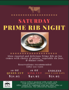 Saturday Prime Rib Restaurant special, Byrncliff Golf Resort & Banquets