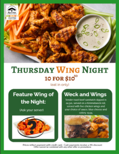 Thursdays Chicken Wing Night specials, Byrncliff Golf Resort & Banquets