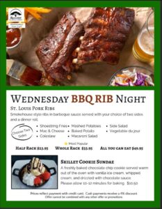 Wednesday BBQ Rib Night specials, Byrncliff Golf Resort & Banquets