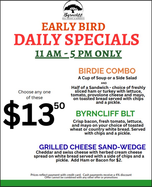 daily lunch deals, early bird daily restaurant specials, byrncliff golf resort