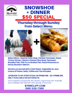 2026 2027 snowshoe and dinner special, Byrncliff Golf Resort, buffalo NY