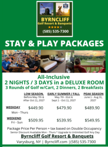 2027 Golf Stay & Play Package rates for weekday and weekend, Byrncliff Golf Resort, Western New York